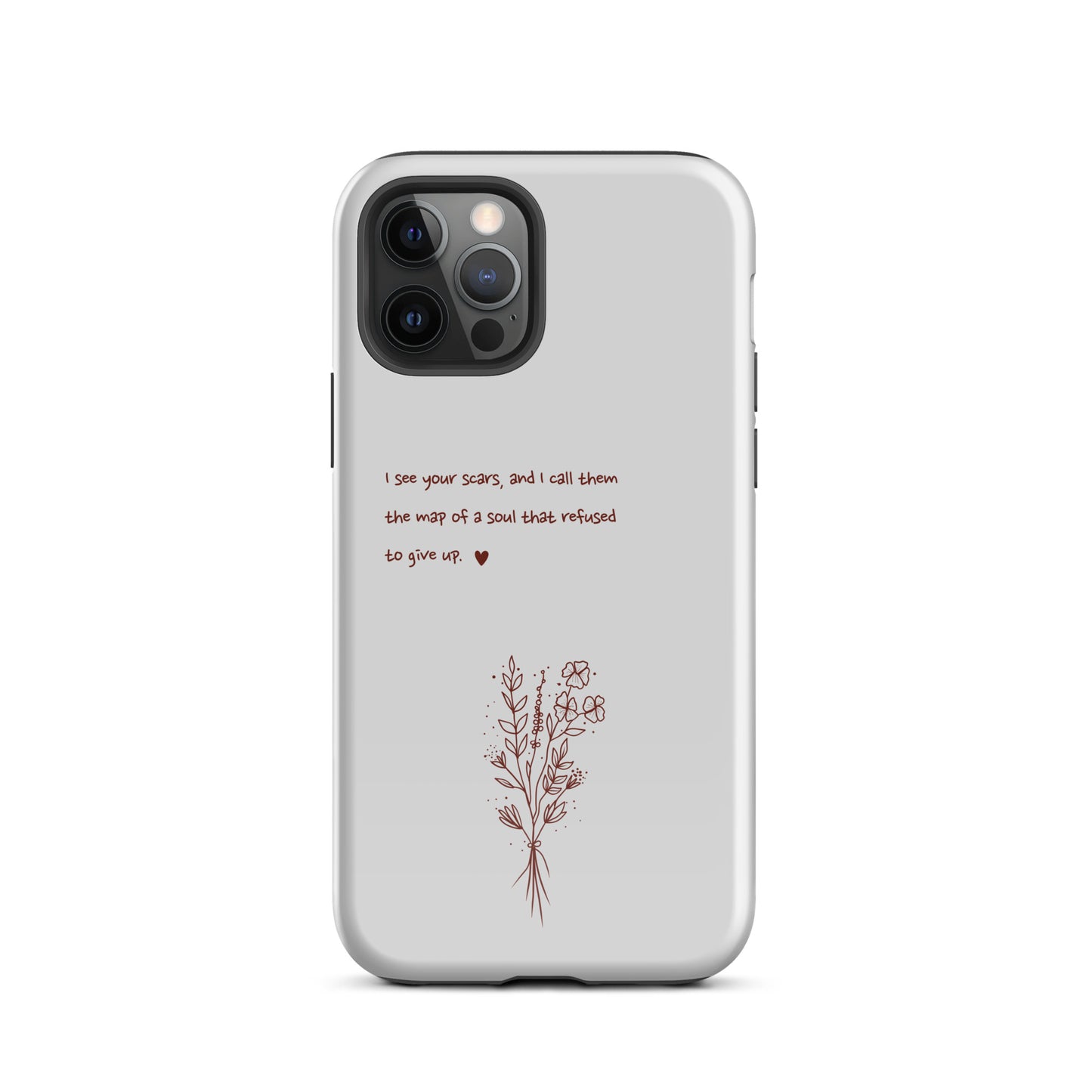 Close-up of dual-layer protective phone case with quote on calm neutral background