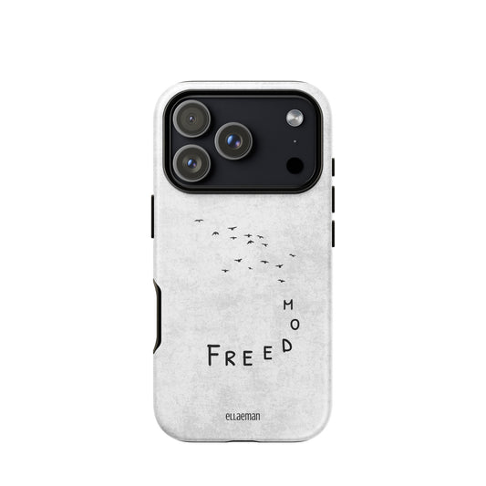 Ellaeman Flight to Freedom shockproof case for iPhone 17-15, featuring a soulful bird flight illustration on a durable dual-layer protective shell.