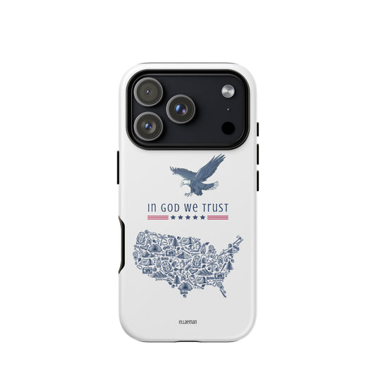 Ellaeman Patriot Journey shockproof case for iPhone 17-15, featuring a patriotic map and eagle design on a durable dual-layer protective shell.