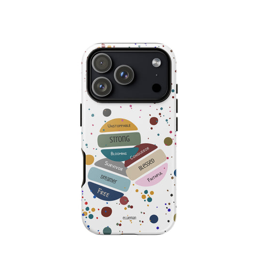 Ellaeman Affirmation Stack shockproof case for iPhone 17-15, featuring inspirational quotes and typography on a premium dual-layer tough cover.