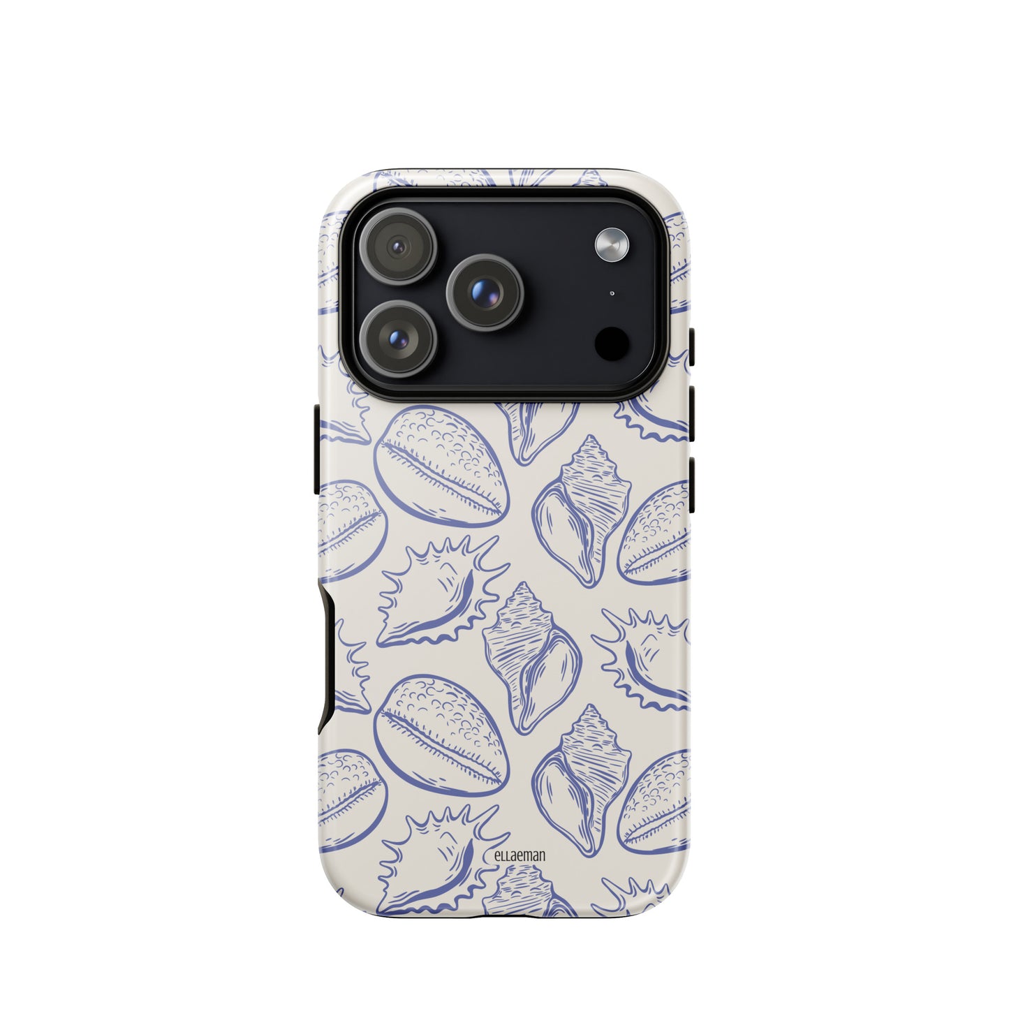 Ellaeman Coastal Archive shockproof case for iPhone 17-15, featuring a blue vintage seashell repeat pattern on a dual-layer heavy-duty protective cover.
