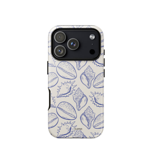 Ellaeman Coastal Archive shockproof case for iPhone 17-15, featuring a blue vintage seashell repeat pattern on a dual-layer heavy-duty protective cover.