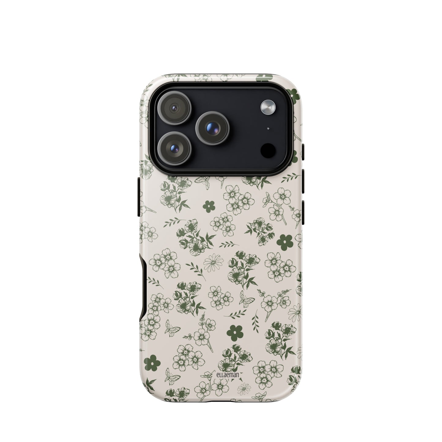 Ellaeman Verdant Meadow shockproof case for iPhone 17-15, featuring a green botanical and butterfly illustration on a premium dual-layer tough cover.