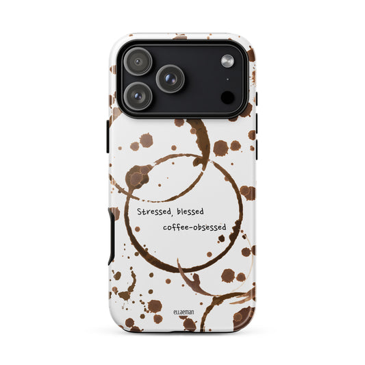 Ellaeman Caffeine Muse shockproof case for iPhone 17-15, featuring authentic hand-drawn coffee mug stain art on a dual-layer heavy-duty phone cover.