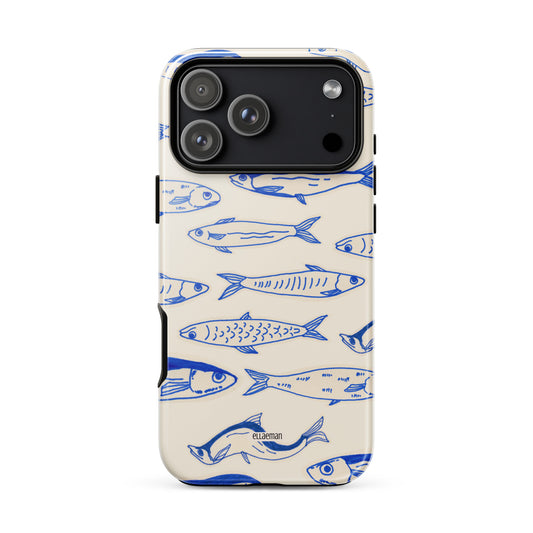 Ellaeman Cobalt Current shockproof case for iPhone 17-15, featuring a bold blue abstract wave design on a premium dual-layer tough cover.