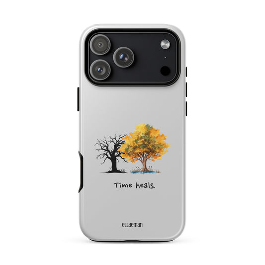 Ellaeman Healing Seasons shockproof case for iPhone 17-15, featuring a soulful Time Heals floral design on a premium dual-layer tough cover.