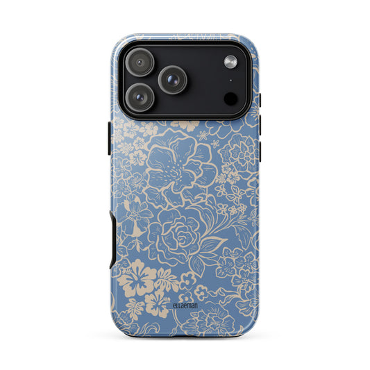 Ellaeman Floral Azure shockproof case for iPhone 17-15, featuring a hand-drawn cream floral tapestry and botanical patterns on a premium slate blue background.