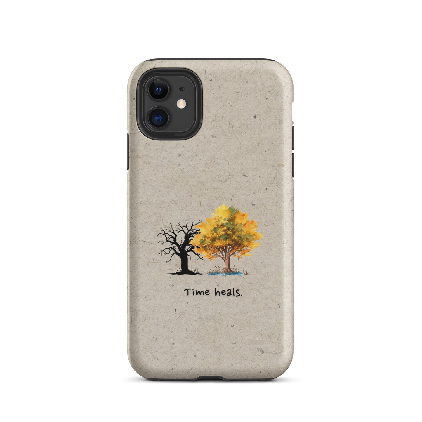 Time Heals dual-layer phone case showing tree design from barren to alive