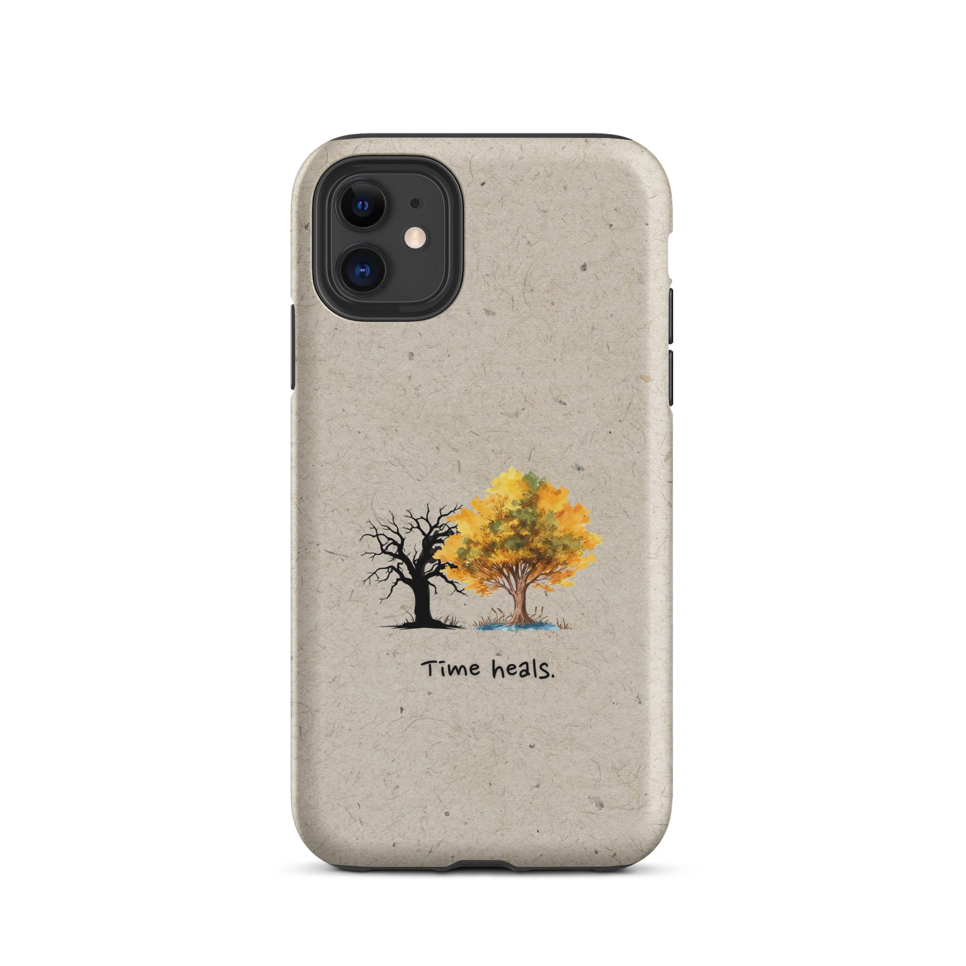 Time Heals dual-layer phone case showing tree design from barren to alive