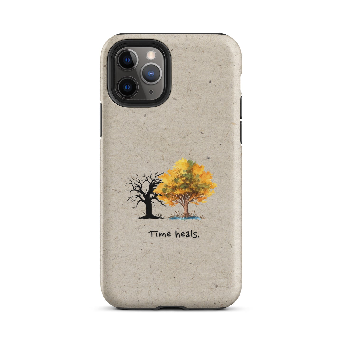 Minimalist Amaannat phone case with “Time Heals” text under evolving tree artwork